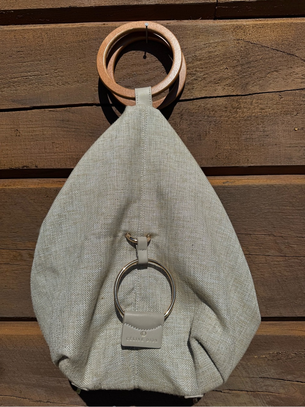 CELINE DION Linen Tote Bag with Gold Ring Detail & Wooden Ring handles- Beige